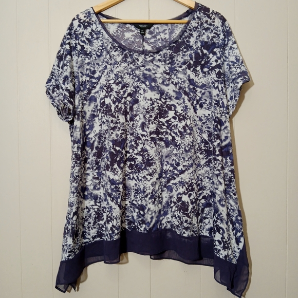 Simply Vera Top Women 2X Purple White Floral Soft Stretch Knit W/Chiffon Trim - Picture 1 of 7